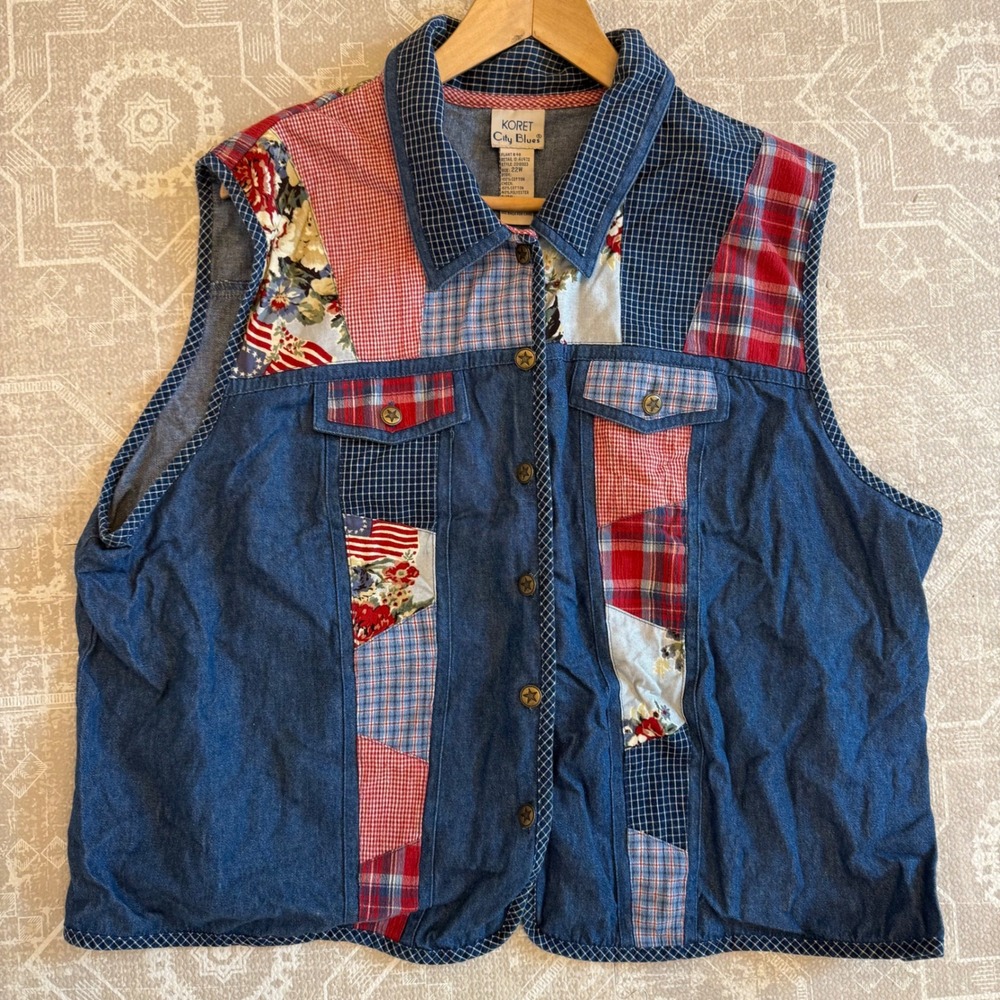 Vintage Patchwork Denim Vest Koret City Blues Womens 22W Plaid Floral Blue - Picture 6 of 8